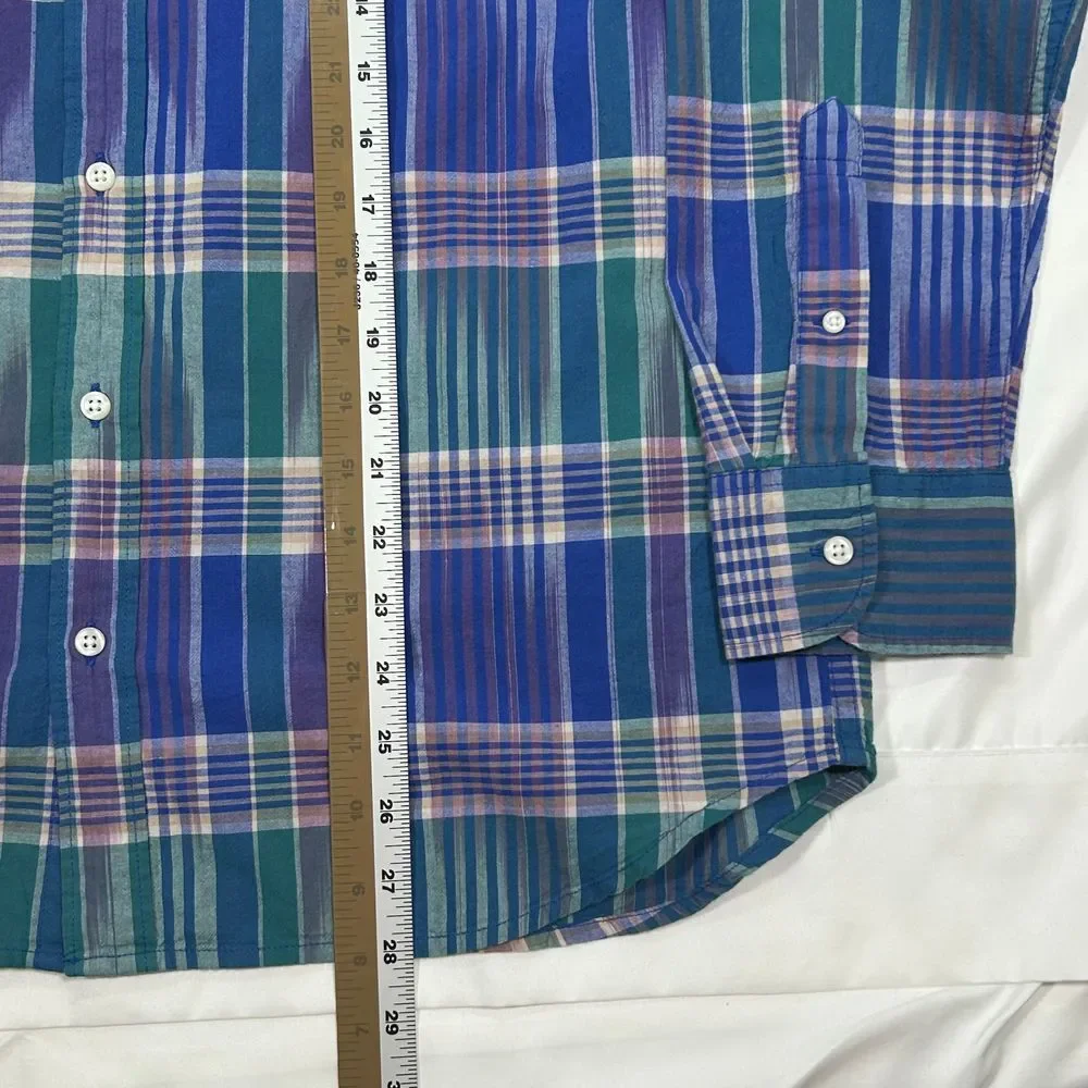 J.Crew Indian Madras Button-Down Plaid Shirt Blue Green Check Long Sleeve Mens L
